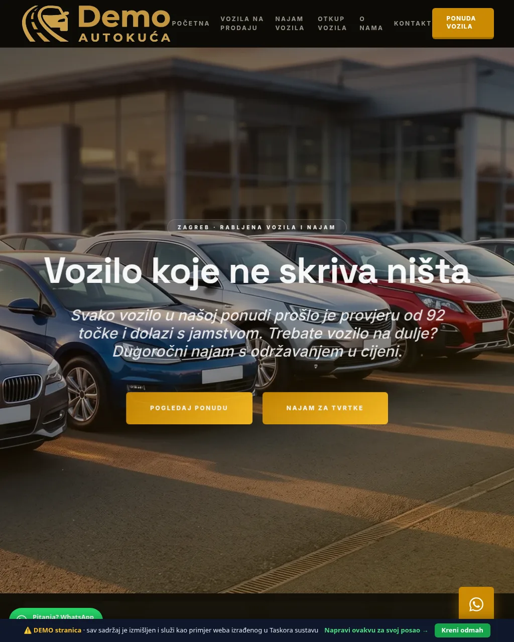 Primjer web izloga autokuće s ponudom vozila za prodaju i najam