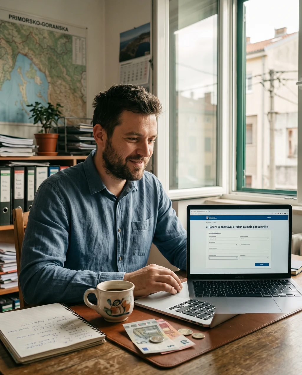 Mladi poduzetnik na laptopu koristi besplatnu aplikaciju za eRačune