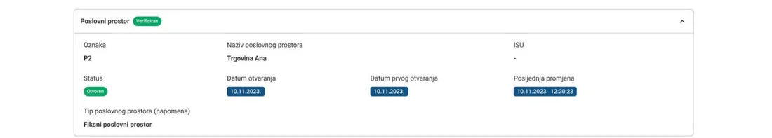 ePorezna forma — kartica Poslovni prostor s poljima Oznaka, Naziv, Status Otvoren, Datum otvaranja i Tip