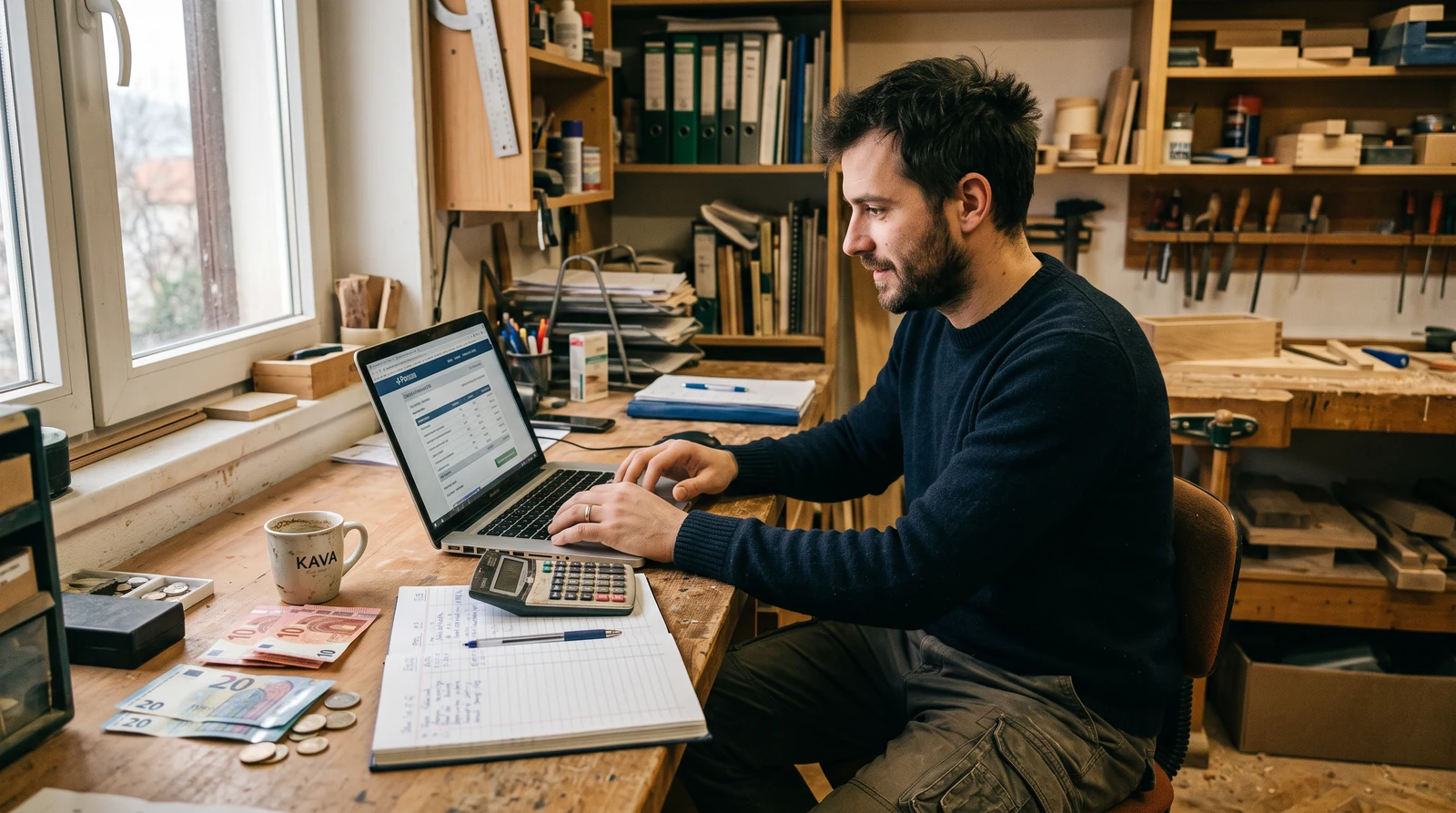 Mladi obrtnik popunjava PO-SD obrazac na laptopu uz knjigu prometa