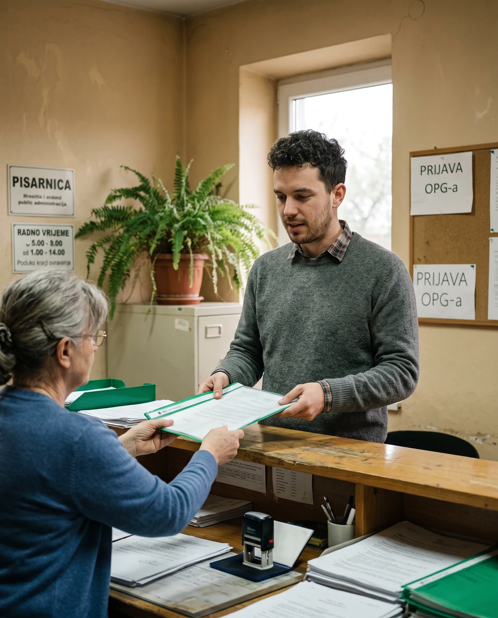Poljoprivrednik predaje dokumente za upis OPG-a na šalteru